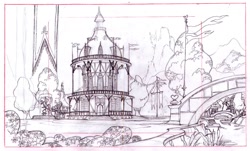 Size: 1151x694 | Tagged: safe, artist:davedunnet, g4, official, bridge, concept art, flag, monochrome, pencil drawing, ponyville, ponyville town hall, sketch, traditional art, tree
