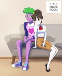 Size: 900x1099 | Tagged: safe, artist:riouku, raven, spike, equestria girls, g4, apron, bags under eyes, blushing, break room, clothes, commission, couch, cravat, cushion, exhausted, female, flats, glasses, glasses off, hair bun, human spike, male, older, older spike, secretary, ship:ravenspike, shipping, shirt, shoes, shorts, sitting, skirt, sneakers, straight, t-shirt, tired