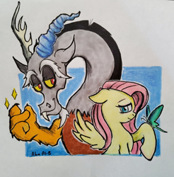 Size: 720x731 | Tagged: safe, artist:alombehar, discord, fluttershy, butterfly, pegasus, pony, g4, drawing, duo, female, male, mare, traditional art