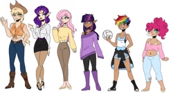 Size: 1342x720 | Tagged: safe, artist:nia1x, applejack, fluttershy, pinkie pie, rainbow dash, rarity, twilight sparkle, human, abs, alternate hairstyle, applejack's hat, armpits, ball, bandaid, belt, boots, bra, bra strap, bubblegum, choker, chokershy, clothes, converse, cowboy boots, cowboy hat, dark skin, elf ears, eyeshadow, female, flannel, flats, food, freckles, glasses, grin, gum, hat, high heel boots, high heels, humanized, jeans, jewelry, leggings, lipstick, looking at each other, looking at you, makeup, mane six, midriff, miniskirt, necklace, nylon, one eye closed, pants, pantyhose, shirt, shoes, short shirt, shorts, simple background, size difference, skirt, smiling, stockings, sweater, sweatershy, tanktop, thigh highs, underwear, white background, wink