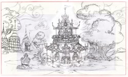 Size: 1600x968 | Tagged: safe, artist:davedunnet, g4, official, carousel boutique, concept art, exterior, monochrome, pencil drawing, sketch, traditional art, tree