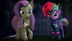 Size: 2048x1152 | Tagged: safe, artist:skytails, fluttershy, rainbow dash, pegasus, pony, g4, 3d, alternate timeline, apocalypse dash, bodypaint, crystal war timeline, duo, female, looking at you, mare