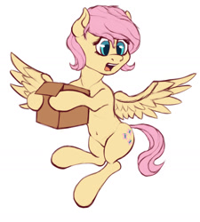 Size: 1280x1423 | Tagged: safe, artist:razzleddazzled, fluttershy, pegasus, pony, g4, alternate hairstyle, belly button, box, female, flying, mare, open mouth, short hair, short mane, solo