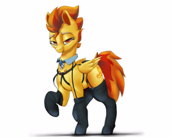 Size: 3000x2400 | Tagged: safe, artist:imadeoos, spitfire, pegasus, pony, g4, bedroom eyes, clothes, collar, female, high res, hoof boots, legwear, looking at you, mare, sexy, simple background, socks, solo, stockings, stupid sexy spitfire, sultry gaze, thigh highs, white background