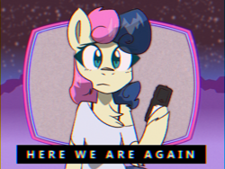 Size: 1600x1200 | Tagged: safe, artist:provolonepone, bon bon, sweetie drops, earth pony, anthro, g4, 80s, chromatic aberration, clothes, female, looking at you, mare, remote control, sad, simple background, solo, vaporwave