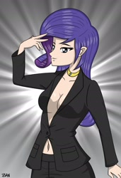 Size: 1796x2628 | Tagged: safe, artist:banquo0, part of a set, rarity, human, g4, absolute cleavage, belly button, breasts, cleavage, clothes, female, high res, humanized, jewelry, necklace, pants, solo, suit