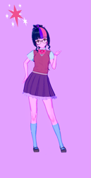 Size: 673x1300 | Tagged: safe, alternate version, artist:脉脉子, sci-twi, twilight sparkle, equestria girls, g4, beckoning, clothes, female, glasses, purple background, simple background, skirt, smiling, socks, solo