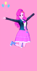 Size: 674x1300 | Tagged: safe, alternate version, artist:脉脉子, pinkie pie, equestria girls, g4, clothes, converse, cutie mark, cutie mark on clothes, dress, female, jacket, jumping, pink background, shoes, simple background, smiling, solo