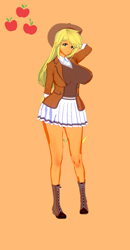 Size: 674x1300 | Tagged: safe, alternate version, artist:脉脉子, applejack, equestria girls, g4, arm behind head, big breasts, breasts, busty applejack, clothes, female, hat, orange background, simple background, skirt, smiling, solo