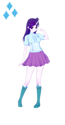 Size: 674x1300 | Tagged: safe, alternate version, artist:脉脉子, rarity, equestria girls, g4, breasts, busty rarity, clothes, female, horn, horned humanization, simple background, skirt, smiling, solo, white background