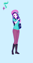 Size: 674x1300 | Tagged: safe, alternate version, artist:脉脉子, starlight glimmer, equestria girls, g4, bag, beanie, blue background, boots, breasts, busty starlight glimmer, clothes, female, hat, pants, shoes, simple background, smiling, solo