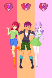 Size: 871x1300 | Tagged: safe, alternate version, artist:脉脉子, apple bloom, scootaloo, sweetie belle, equestria girls, g4, abstract background, boots, clothes, cutie mark, cutie mark crusaders, female, jacket, shoes, shorts, skirt, smiling, the cmc's cutie marks