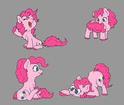 Size: 883x754 | Tagged: safe, artist:lost marbles, pinkie pie, earth pony, pony, g4, :p, behaving like a cat, biting, crouching, cute, digital art, eyes closed, female, open mouth, open smile, sitting, smiling, tail bite, tongue out, unshorn fetlocks