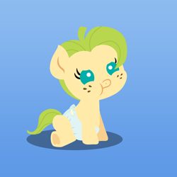 Size: 1440x1440 | Tagged: safe, anonymous artist, oc, oc only, oc:sour apple, earth pony, pony, series:fm holidays, baby, baby pony, female, filly, freckles, frog (hoof), gradient background, offspring, parent:big macintosh, parent:fluttershy, parents:fluttermac, pouting, sitting, underhoof