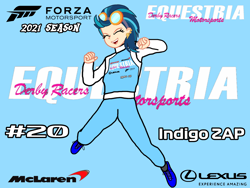 Size: 2160x1620 | Tagged: safe, artist:forzaveteranenigma, indigo zap, human, fanfic:equestria motorsports, equestria girls, g4, forza motorsport, humanized, in the air, jumping, lexus, mclaren, michael schumacher, racing suit, simple background