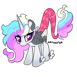 Size: 1280x1280 | Tagged: safe, artist:renhorse, oc, oc only, hybrid, female, interspecies offspring, offspring, parent:discord, parent:princess celestia, parents:dislestia, simple background, solo, transparent background