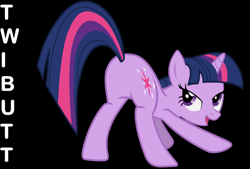 Size: 5688x3840 | Tagged: safe, artist:yanoda, derpibooru exclusive, edit, editor:twilyisbestpone, vector edit, twilight sparkle, pony, unicorn, g4, absurd resolution, bedroom eyes, black background, butt, face down ass up, female, looking back, mare, open mouth, open smile, plot, seductive, seductive look, sexy, simple background, smiling, solo, stupid sexy twilight, text, twibutt, unicorn twilight, vector