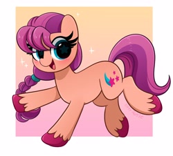 Size: 3928x3549 | Tagged: safe, artist:kittyrosie, sunny starscout, earth pony, pony, g5, abstract background, blushing, braid, cute, eyelashes, female, high res, mare, open mouth, signature, solo, sparkles, starry eyes, sunnybetes, unshorn fetlocks, wingding eyes