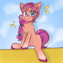 Size: 2048x2048 | Tagged: safe, artist:balychen, sunny starscout, earth pony, pony, g5, blushing, braid, chest fluff, cloud, female, high res, looking at you, mare, shadow, sky, solo, spread legs, spreading, unshorn fetlocks