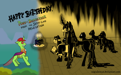 Size: 1600x1000 | Tagged: safe, artist:nayialovecat, oc, oc:berzie, changedling, changeling, pony, bendy and the ink machine, birthday cake, cake, food, ponified