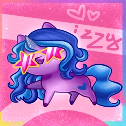 Size: 4000x4000 | Tagged: safe, artist:irinamar, izzy moonbow, pony, unicorn, g5, abstract background, absurd resolution, chibi, cute, female, glasses, heart, izzybetes, smiling, solo, star glasses, stars, sunglasses, text