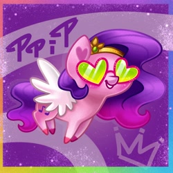 Size: 4000x4000 | Tagged: safe, artist:irinamar, pipp petals, pegasus, pony, g5, abstract background, absurd resolution, adorapipp, blushing, chibi, crown, cute, female, glasses, heart, heart ears, heart shaped glasses, jewelry, regalia, smiling, solo, spread wings, sunglasses, text, unshorn fetlocks, wings