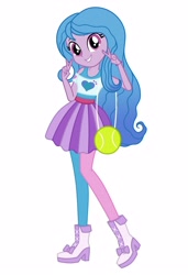 Size: 2600x3800 | Tagged: safe, artist:seabeersky, izzy moonbow, equestria girls, g4, g5, bag, ball, boots, bracelet, bunny ears (gesture), clothes, cute, equestria girls-ified, eyelashes, female, g5 to equestria girls, g5 to g4, generation leap, grin, high res, hilarious in hindsight, izzy's tennis ball, izzybetes, jewelry, looking at you, peace sign, purse, shirt, shoes, simple background, skirt, smiling, smiling at you, solo, tennis ball, white background
