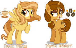 Size: 1600x1015 | Tagged: safe, artist:n0kkun, oc, oc only, oc:brown energy, oc:light coffee, pegasus, pony, unicorn, female, mare, simple background, transparent background