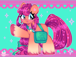 Size: 4000x3000 | Tagged: safe, artist:bunxl, sunny starscout, earth pony, pony, g5, abstract background, badge, bag, blushing, bow, braid, coat markings, cute, eyelashes, female, hair bow, heart, high res, long hair, looking away, mare, open mouth, raised hoof, socks (coat markings), solo, sparkles, starry eyes, stars, sunnybetes, unshorn fetlocks, wingding eyes