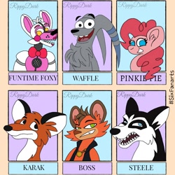 Size: 1080x1080 | Tagged: safe, artist:rippydark, pinkie pie, cat, dog, earth pony, fox, pony, anthro, g4, animatronic, anthro with ponies, bowtie, bust, clothes, crossover, ear fluff, female, five nights at freddy's, grin, jewelry, mare, necklace, six fanarts, smiling, vest