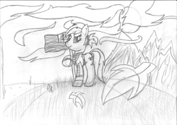 Size: 3494x2474 | Tagged: safe, artist:pegasski, oc, oc only, earth pony, pony, fallout equestria, clothes, earth pony oc, female, flag, grayscale, high res, lineart, mare, monochrome, solo, traditional art
