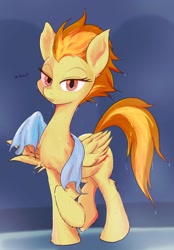 Size: 1430x2057 | Tagged: safe, artist:noupu, spitfire, pegasus, pony, g4, female, lidded eyes, long neck, looking at you, mare, shower, simple background, solo, talking, talking to viewer, towel, wet, wing hands, wings