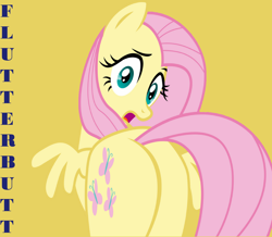 Size: 5296x4616 | Tagged: safe, artist:kishmond, derpibooru exclusive, edit, editor:twilyisbestpone, vector edit, fluttershy, pegasus, pony, bridle gossip, g4, absurd resolution, butt, female, flutterbutt, looking back, mare, open mouth, plot, simple background, solo, vector, wings, yellow background