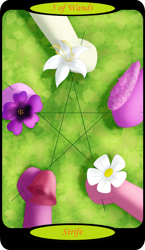 Size: 1500x2591 | Tagged: safe, artist:sixes&sevens, daisy, flower wishes, lily, lily valley, roseluck, royal ribbon, oc, oc:hyacinth, oc:violet, g4, five of wands, flower, hooves, hyacinth, minor arcana, pentagram, rose, tarot card