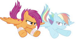 Size: 6015x3278 | Tagged: safe, artist:anime-equestria, rainbow dash, scootaloo, ghost, pegasus, pony, undead, g4, absurd resolution, alternate hairstyle, bandage, bandaid, bandaid on nose, duo, female, flying, mare, older, older scootaloo, scootaloo can fly, simple background, transparent background, vector, wings