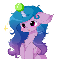 Size: 1000x1000 | Tagged: safe, artist:dddreamdraw, izzy moonbow, pony, unicorn, g5, ball, blushing, chest fluff, female, floppy ears, horn, horn impalement, hornball, izzy's tennis ball, mare, open mouth, simple background, solo, sparkling, tennis ball, white background