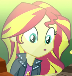 Size: 571x605 | Tagged: safe, screencap, sunset shimmer, equestria girls, g4, my little pony equestria girls: summertime shorts, pet project, :o, cropped, leather, open mouth, solo