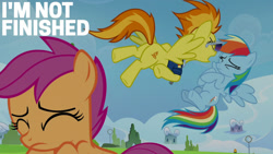 Size: 1280x720 | Tagged: safe, edit, edited screencap, editor:quoterific, screencap, rainbow dash, scootaloo, spitfire, pegasus, pony, g4, season 8, the washouts (episode), angry, clothes, eyes closed, female, filly, flying, mare, open mouth, scared, sunglasses, trio, trio female, yelling