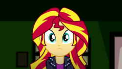 Size: 1920x1080 | Tagged: safe, screencap, sunset shimmer, equestria girls, g4, my little pony equestria girls: summertime shorts, pet project, :|, clothes, jacket, leather, leather jacket, pov, shirt, solo