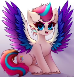 Size: 1145x1200 | Tagged: safe, artist:mite-lime, zipp storm, pegasus, pony, g5, adorazipp, cheek fluff, chest fluff, colored wings, cute, ear fluff, eyelashes, feather, female, hoof fluff, looking at you, mare, multicolored wings, open mouth, shoulder fluff, sitting, solo, spread wings, unshorn fetlocks, wing fluff, wings