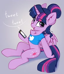 Size: 2800x3248 | Tagged: safe, artist:taneysha, twilight sparkle, alicorn, semi-anthro, g4, alternate hairstyle, arm hooves, cellphone, chest fluff, clothes, female, hair bun, high res, looking at you, meta, phone, shirt, smartphone, smiling, solo, spread wings, twilight sparkle (alicorn), twitter, wings