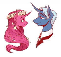 Size: 1101x1041 | Tagged: safe, artist:miss_glowwormis, pony, unicorn, crossover, female, hades, looking at each other, lore olympus, male, persephone, shipping, simple background, straight, white background