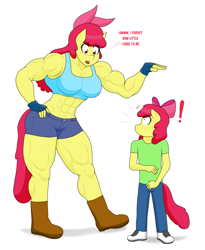 Size: 1793x2191 | Tagged: safe, artist:matchstickman, apple bloom, earth pony, anthro, plantigrade anthro, matchstickman's apple brawn series, tumblr:where the apple blossoms, g4, abs, apple bloom's bow, apple brawn, biceps, boots, bow, breasts, busty apple bloom, clothes, deltoids, dialogue, duo, exclamation point, female, filly, fingerless gloves, gloves, hair bow, jeans, looking at each other, mare, muscles, older, older apple bloom, pants, self ponidox, shirt, shocked, shoes, shorts, simple background, thighs, thunder thighs, time paradox, tumblr comic, white background, wtf
