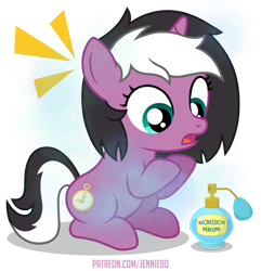 Size: 1156x1200 | Tagged: safe, artist:jennieoo, oc, oc only, oc:charming dazz, pony, skunk, skunk pony, unicorn, age regression, female, filly, foal, perfume, shocked, show accurate, simple background, solo, transparent background, vector