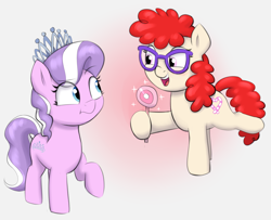 Size: 2572x2092 | Tagged: safe, artist:heretichesh, diamond tiara, twist, earth pony, pony, g4, candy, colored, cute, duo, duo female, female, filly, food, glasses, happy, high res, lollipop, raised leg, simple background, sparkling