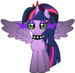 Size: 5656x5523 | Tagged: safe, artist:severity-gray, twilight sparkle, alicorn, pony, g4, altered cutie mark, alternate hairstyle, alternate timeline, alternate universe, collar, corrupted, corrupted twilight sparkle, crown, dark magic, ear piercing, eyeshadow, horn, jewelry, looking at you, magic, makeup, piercing, regalia, ring, simple background, smiling, solo, sombra eyes, spiked collar, spread wings, transparent background, twilight sparkle (alicorn), wings