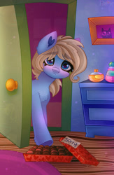 Size: 1300x2000 | Tagged: safe, artist:irinamar, oc, oc only, oc:lusty symphony, pegasus, pony, blushing, box of chocolates, candy, chocolate, door, doorway, food, heart ears, pegasus oc, picture frame, potion, room, solo, sorry