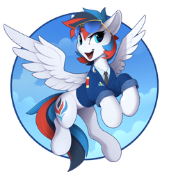Size: 1600x1645 | Tagged: safe, artist:yakovlev-vad, oc, oc only, oc:retro city, pegasus, pony, clothes, flying, lacrimal caruncle, male, open mouth, patreon, patreon reward, slender, solo, sunglasses, thin, uniform
