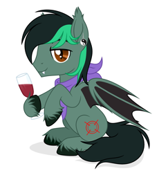 Size: 3025x3110 | Tagged: safe, artist:rioshi, artist:starshade, oc, oc only, oc:target strike, bat pony, pony, g4, alcohol, bandana, base used, bat pony oc, bat wings, commission, ear piercing, earring, fangs, glass, high res, jewelry, male, piercing, simple background, solo, stallion, starry eyes, white background, wine, wine glass, wingding eyes, wings, yin-yang