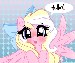 Size: 3106x2620 | Tagged: safe, artist:emberslament, oc, oc only, oc:bay breeze, pegasus, pony, blushing, bow, cute, female, flapping wings, hair bow, happy, heart eyes, high res, looking at you, ocbetes, open mouth, solo, speech bubble, talking to viewer, wingding eyes